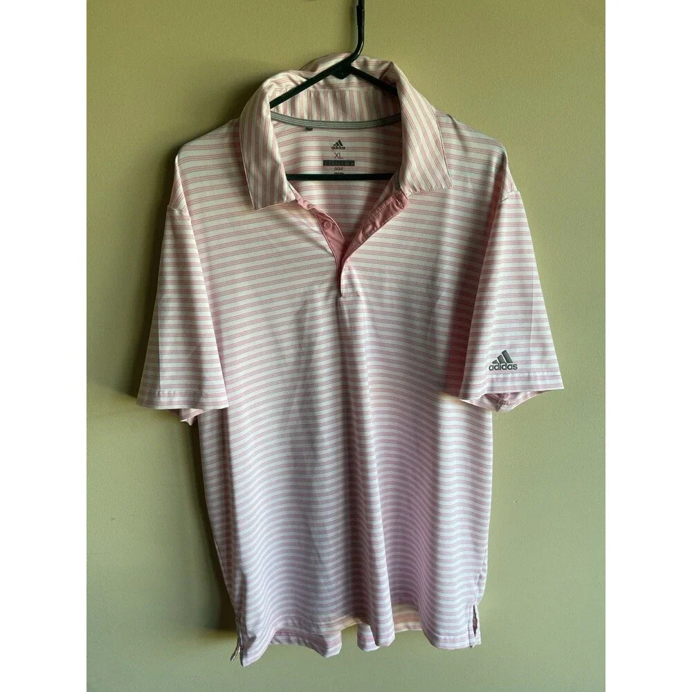 Adidas Two Color Striped Golf Polo Shirt Mens XL Pink White Logo